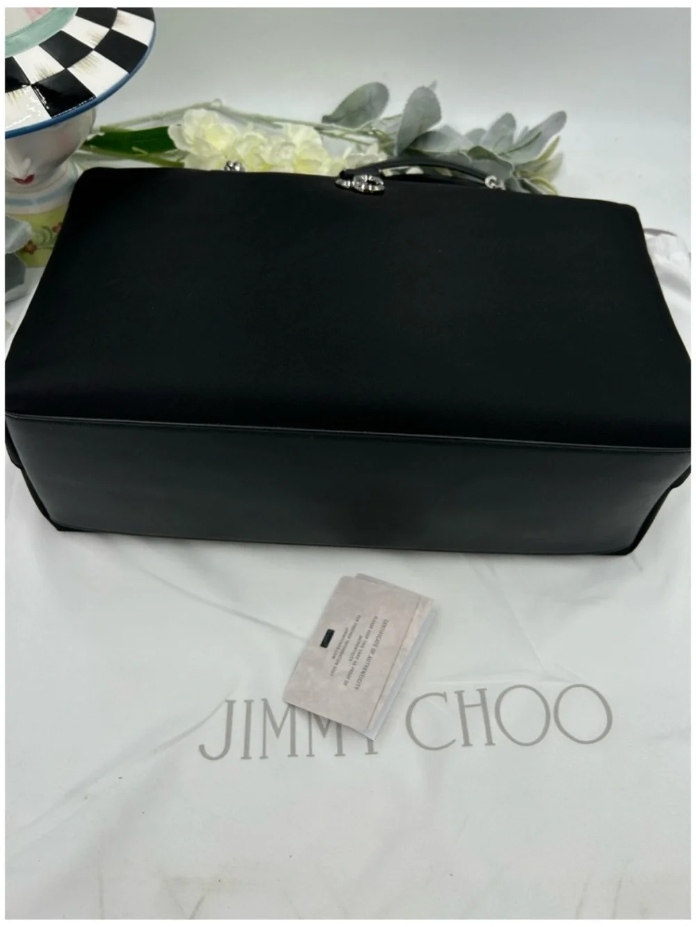 Jimmy Choo Black Tote Bag with Silver Chain Handles and iconic logo